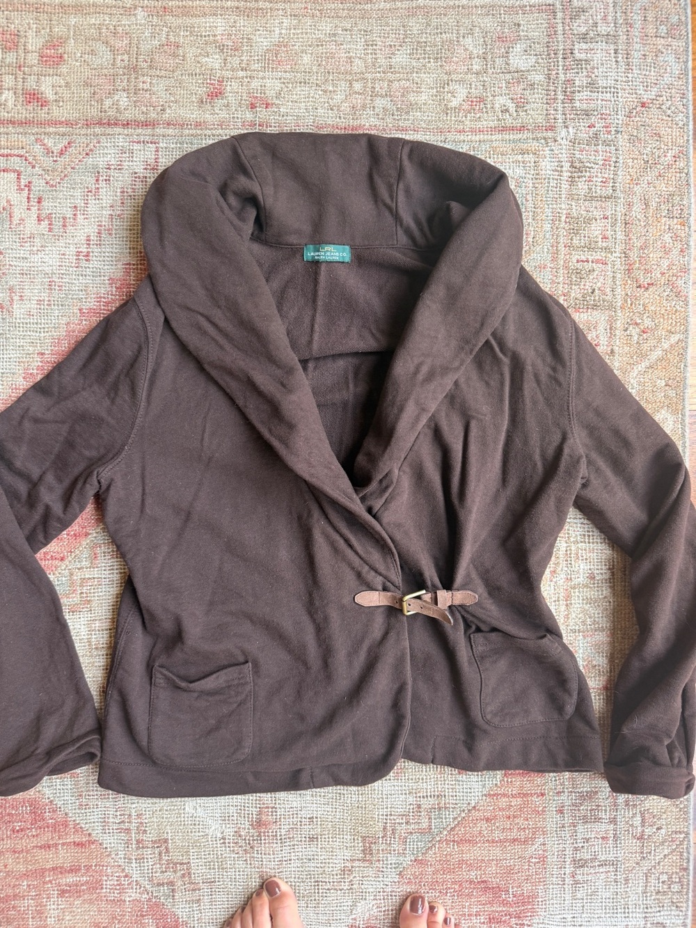 Ralph Lauren Chocolate Brown Shawl Collar Toggle Knit Tunic